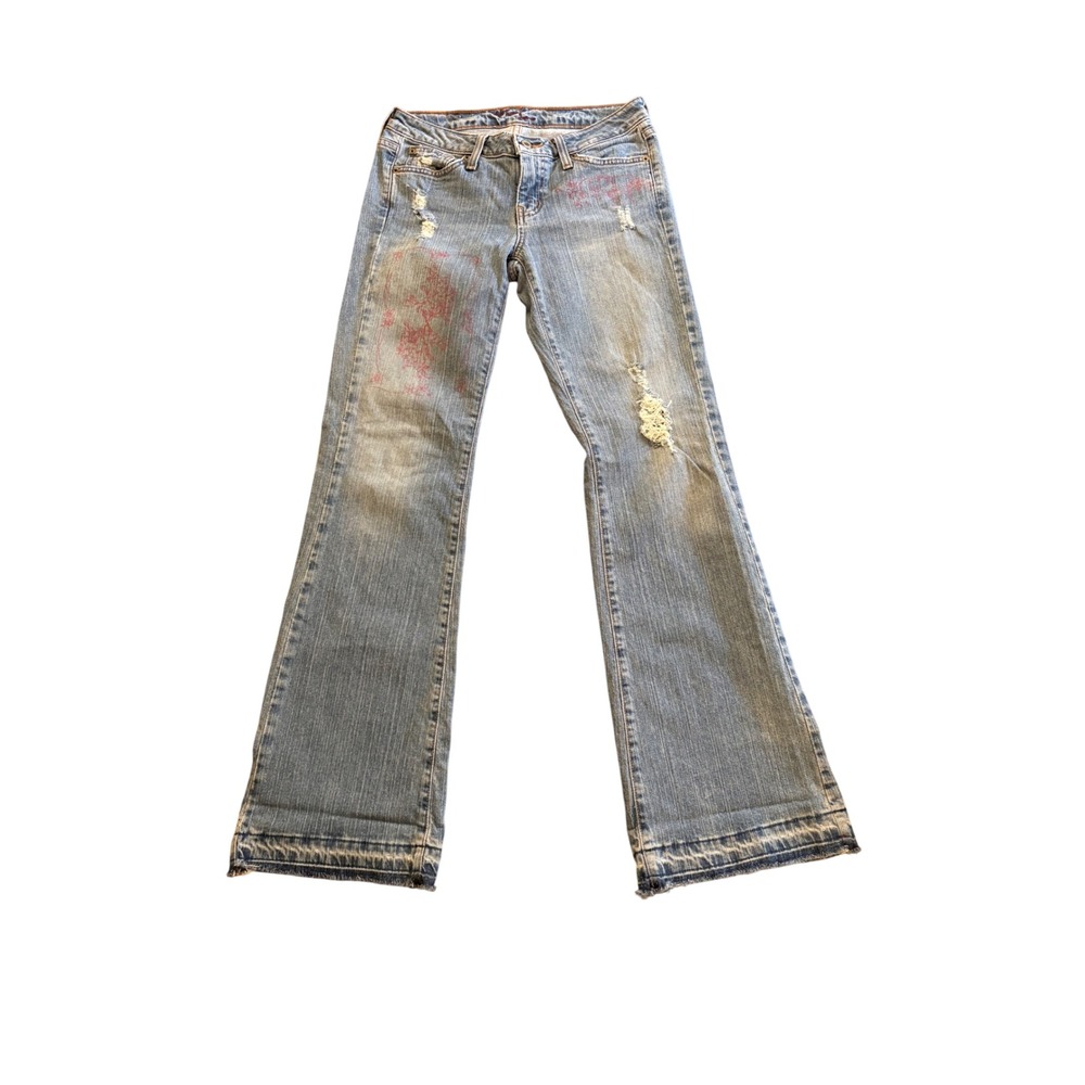 Hint Jeans Womens Juniors 5 Distressed Bootcut Pink Floral Graphic Blue Y2K